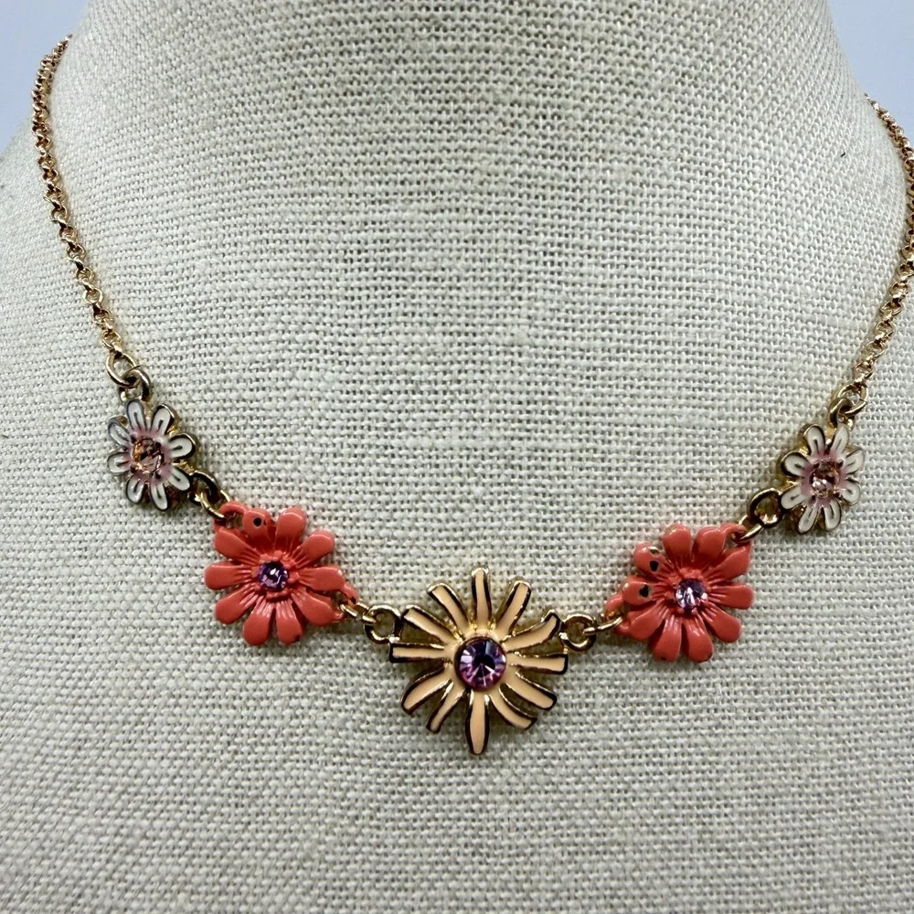 Gold Tone Pink Floral Rhinestone Necklace Daisy Coquette Cottagecore Gift